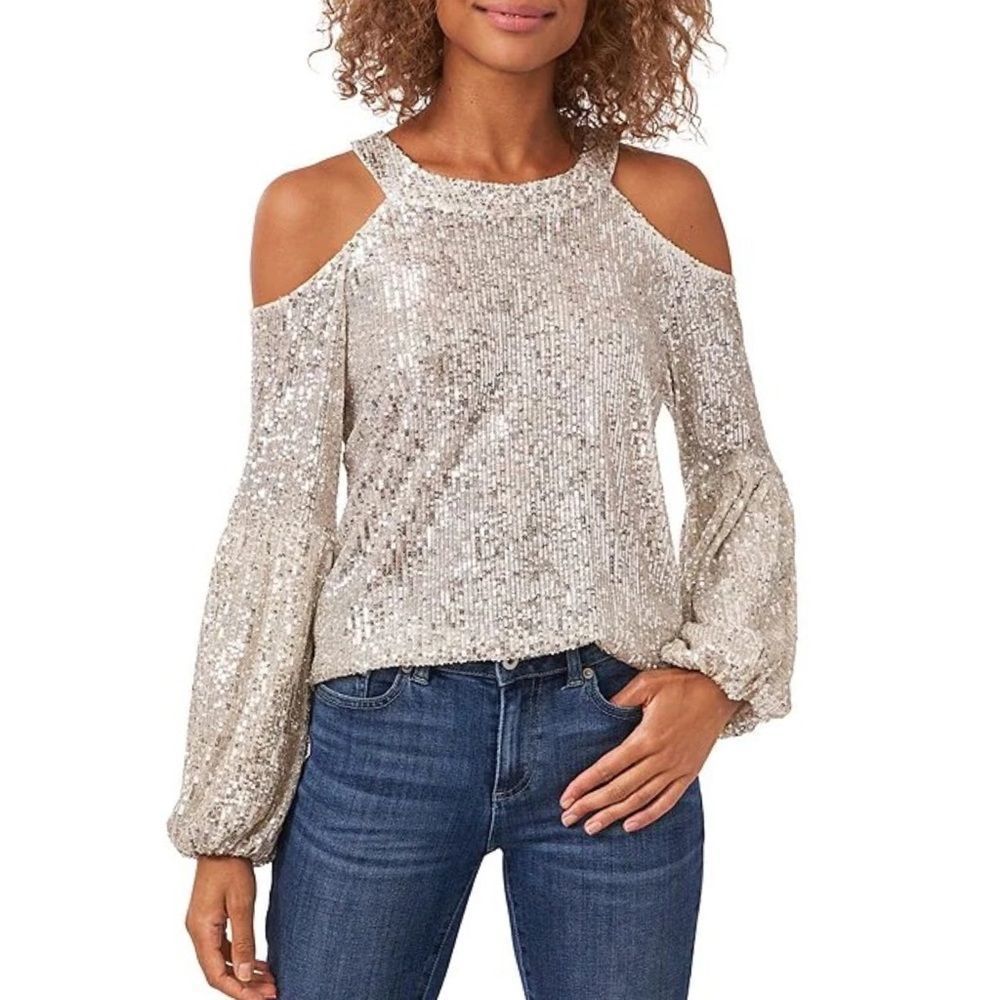 NWT CeCe Cold Shoulder Sequin Blouse